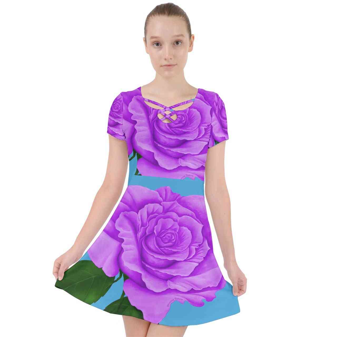 Rose Flower Print, Short Sleeve Mini Dress For