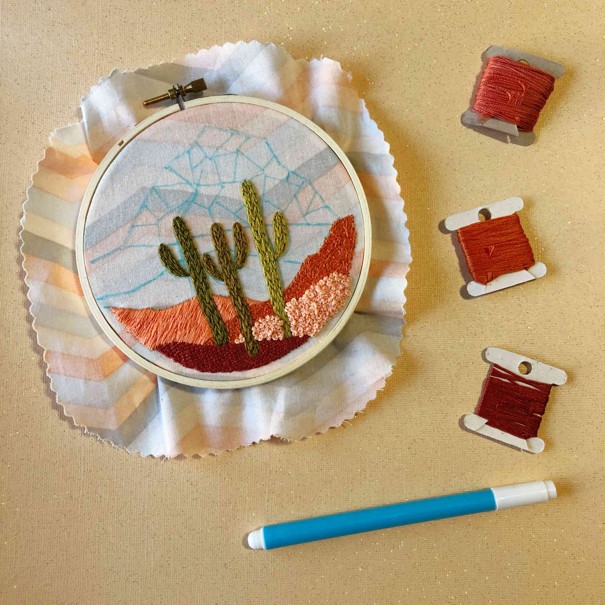 Daytime Cactus Desert Landscape Diy Beginner Embroidery Kit