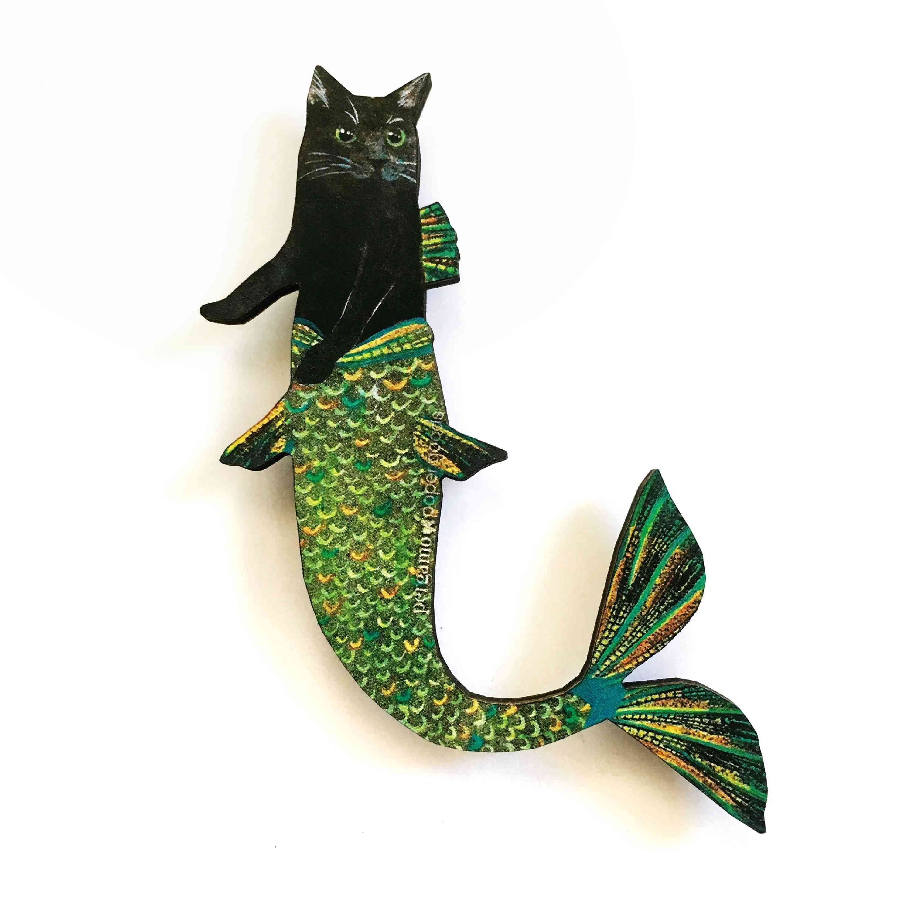 Black Cat Mermaid Wooden Magnet