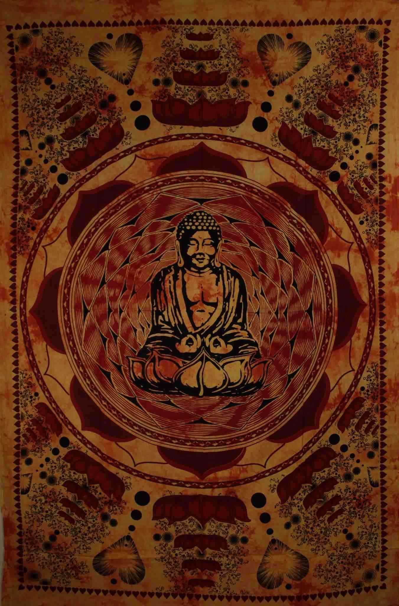 Buddha nel dharma chakra mudra su un arazzo di fiori di loto
