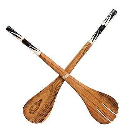 Posate per insalata, curvi a mano, set di cucchiai in legno d'ulivo