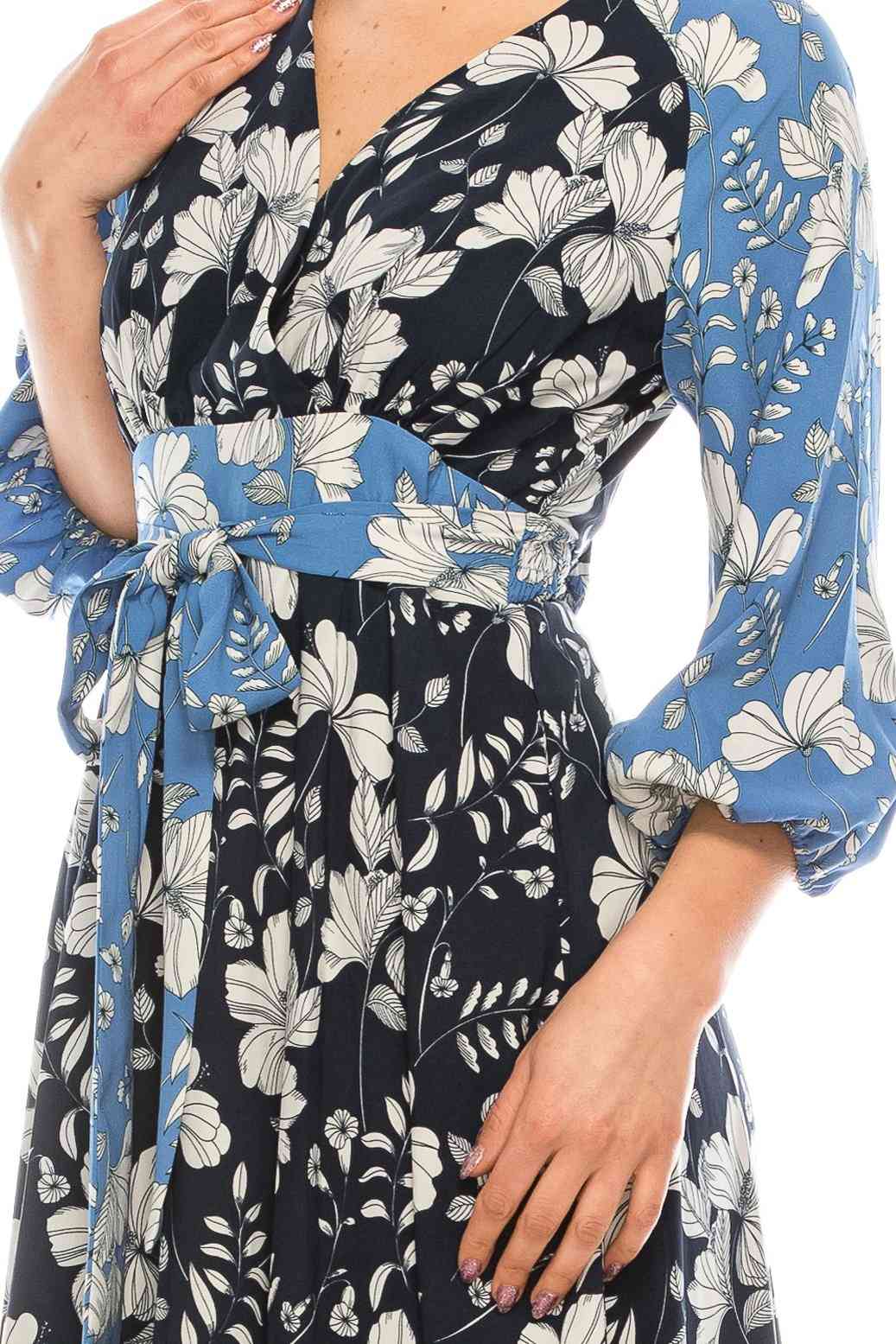Damska dwukolorowa sukienka midi z nadrukiem w kwiaty