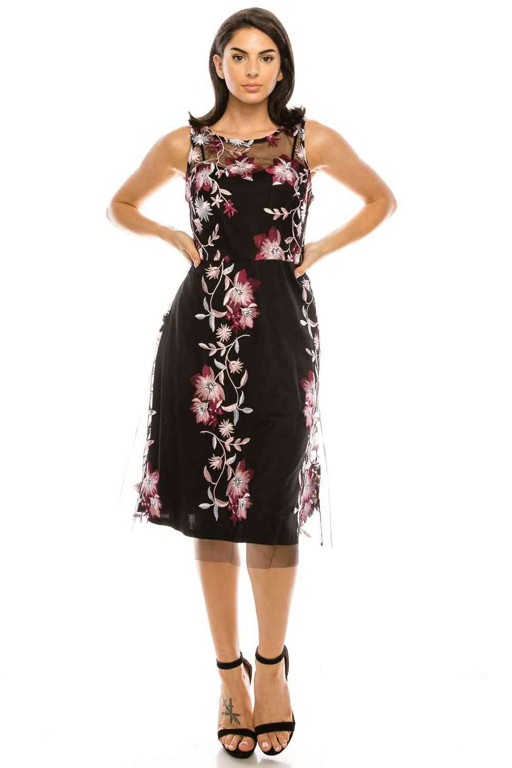 Wine Pink- Black Floral, Embroidered Illusion Neck, A-line Dress