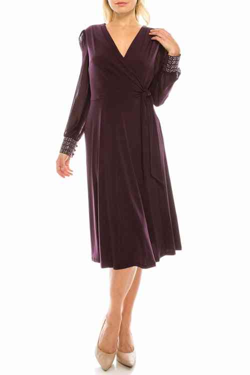 A-line Faux Wrap Dress With Beaded Cuffs