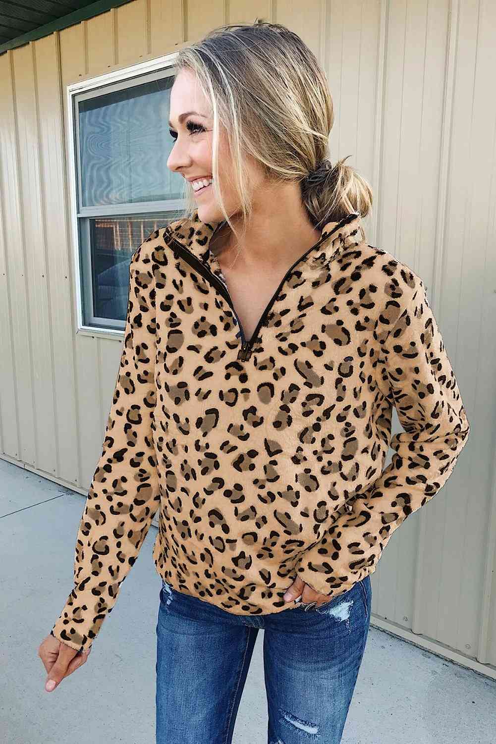 Womens Warm Quarter Zip Leopard Sweatshirt