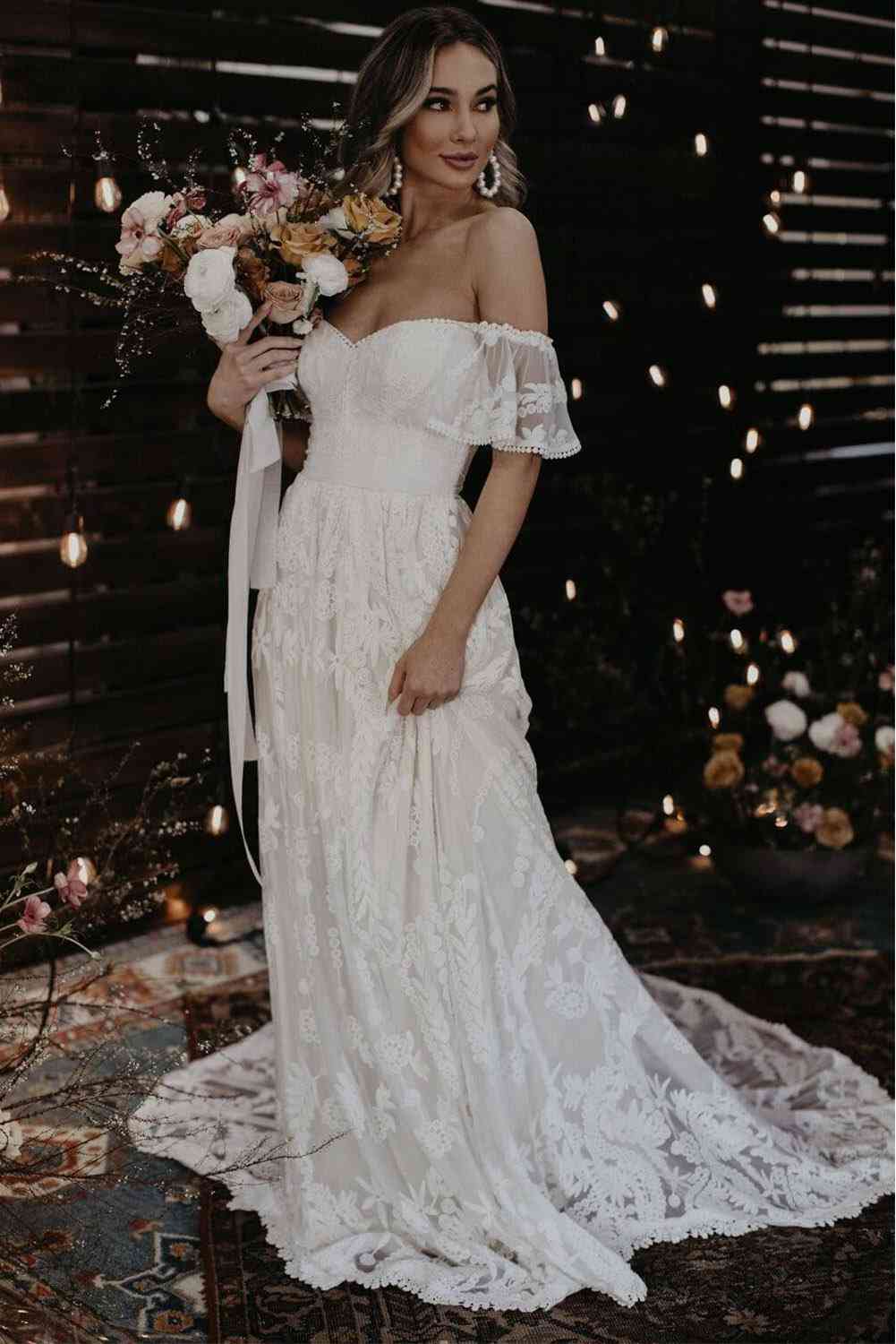 Off rameno, line-svadobné večerné šaty