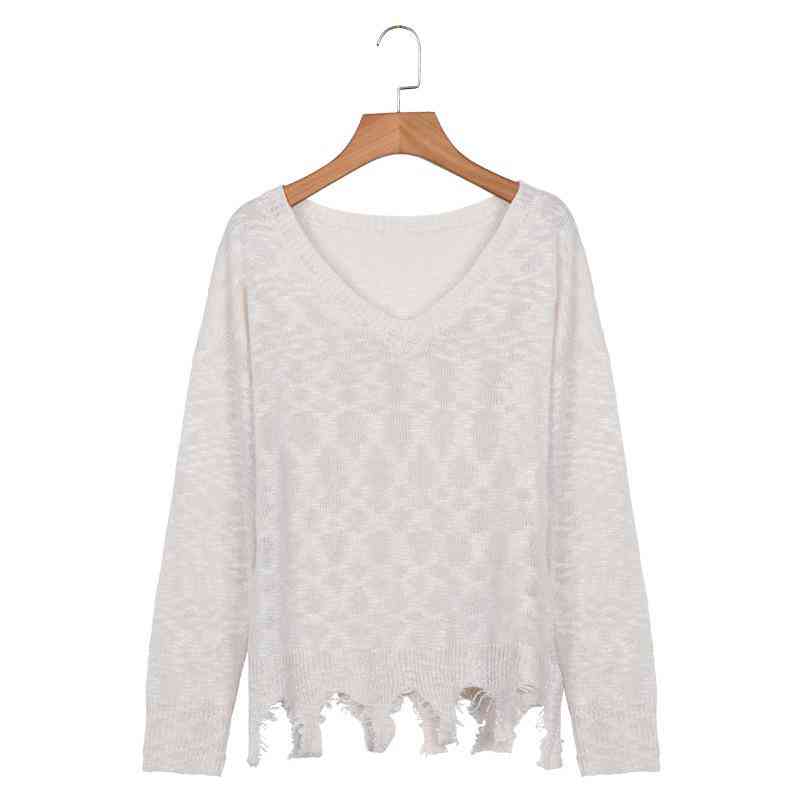Casual Long Sleeve, V-neck Solid Scalloped Sweater
