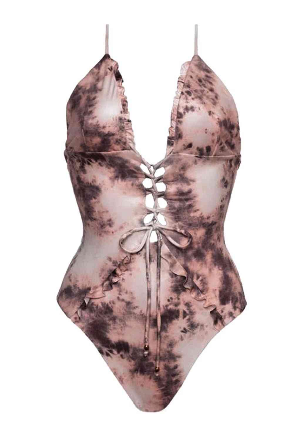 Tie Dye Lace Up Front Plunging V Ruffle Swimsuit