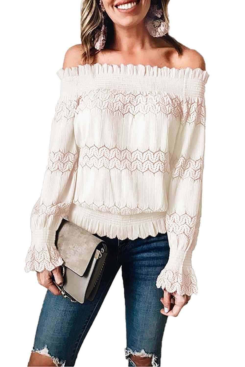 Womens Off Shoulder Long Sleeve, Smocked Crochet Blouse