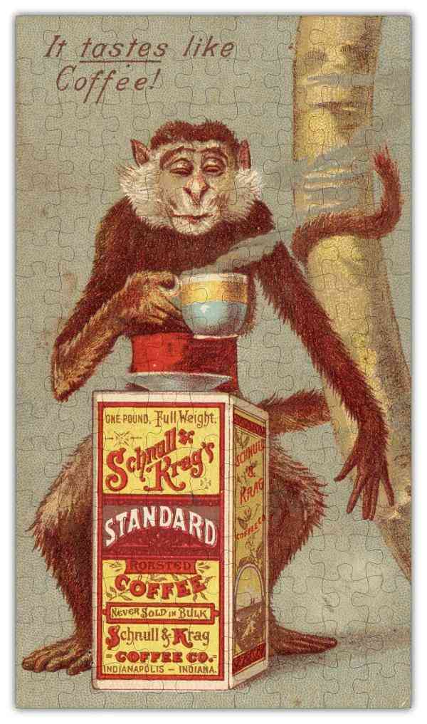 Káva opice vinobranie plagát drevená skladačka