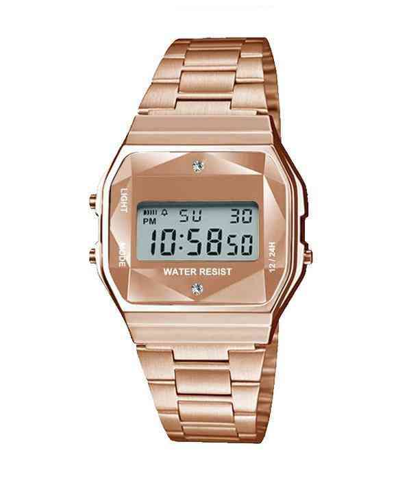Pulseira de metal esportiva em ouro rosa, relógio com mostrador em cristal