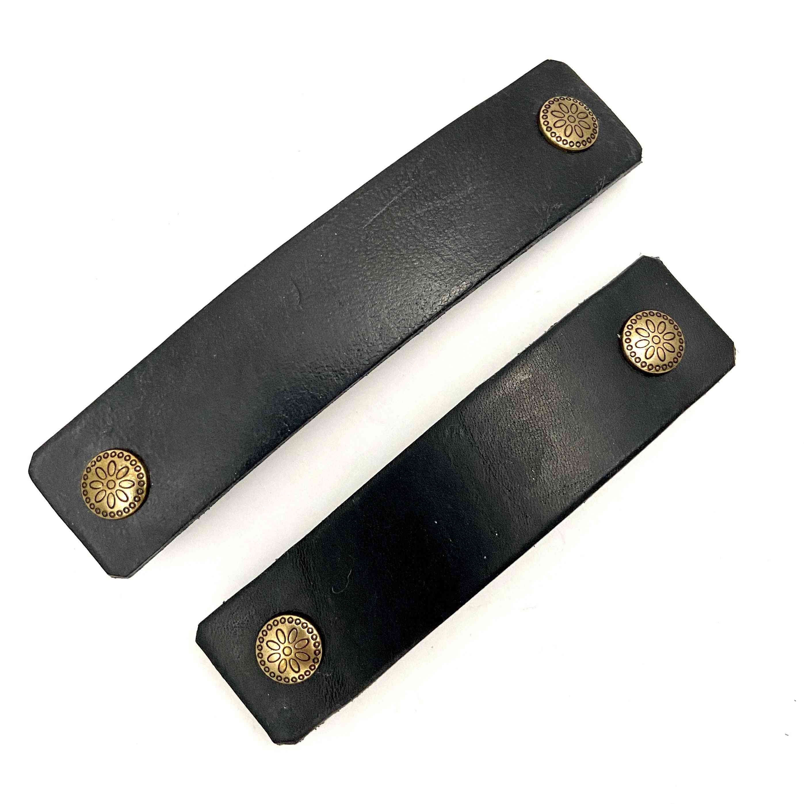 Black Leather & Decorative Brass Stud Barrette- Hair Clip