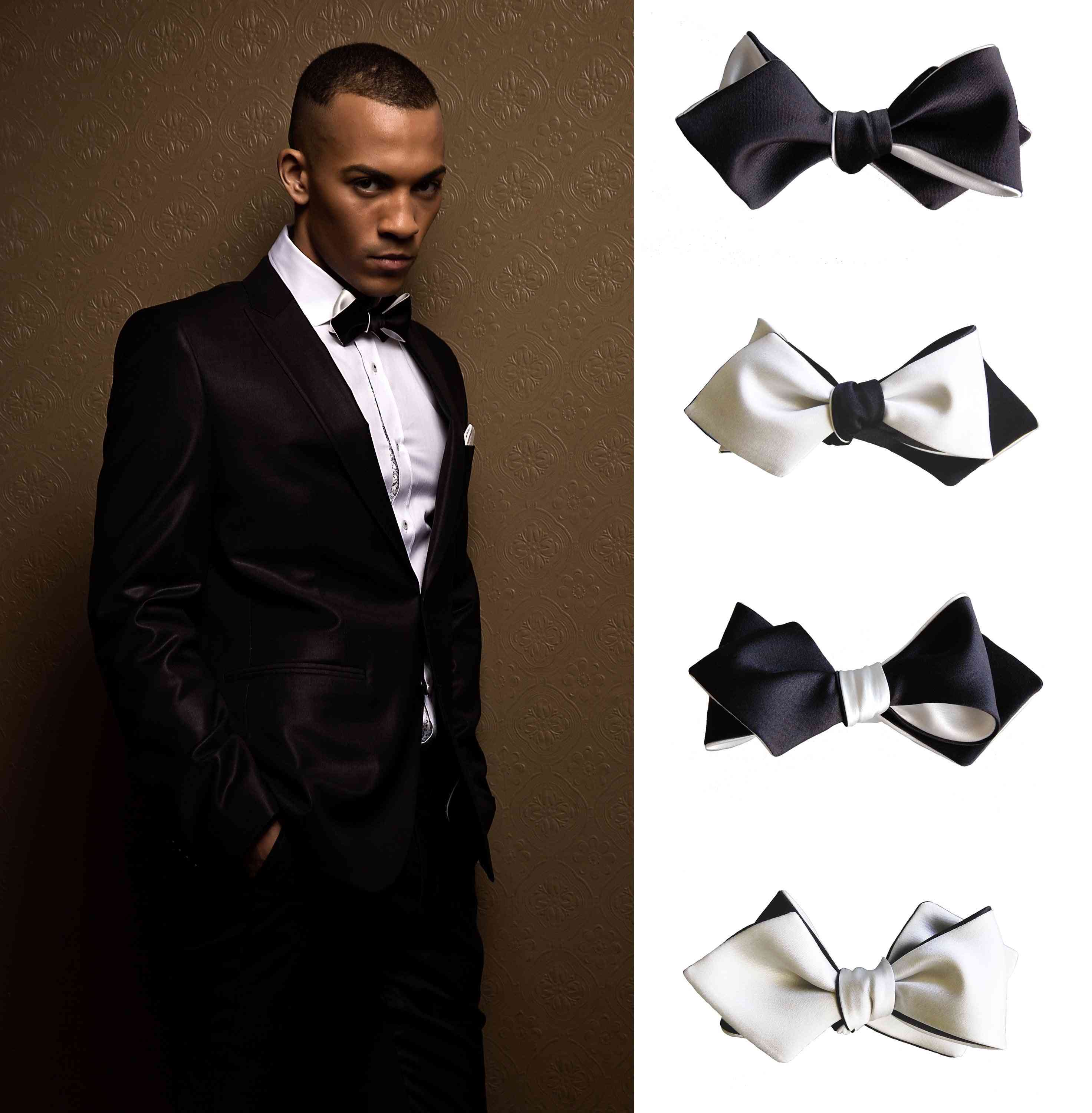 Black White Diamond Point Bow Tie