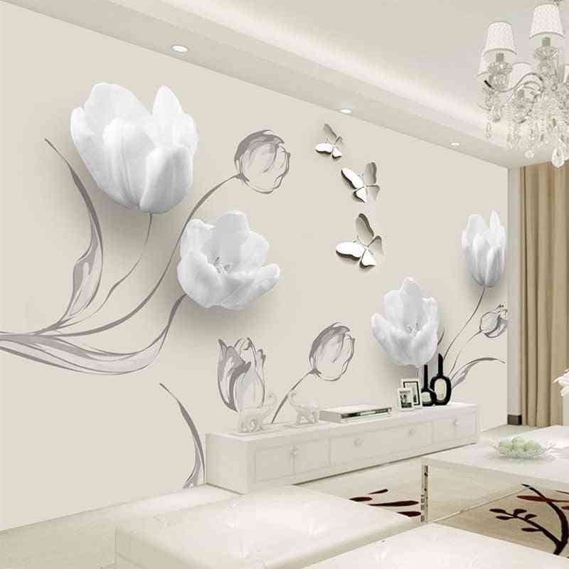 3d Wallpaper Modern Tulip Butterfly Flowers Photo Murals - Living Room Tv, Sofa Background Cloth