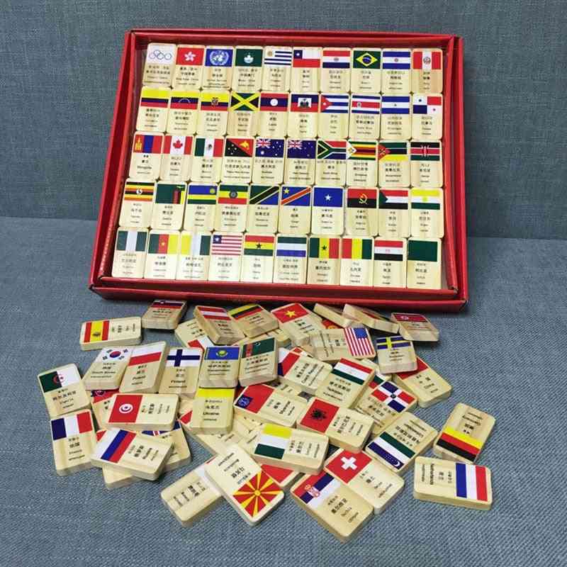100 Pcs Country Flags, Wooden Domino Educational Block Set