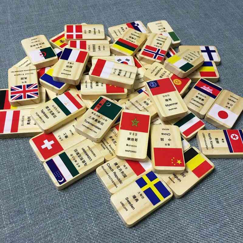 100 Pcs Country Flags, Wooden Domino Educational Block Set