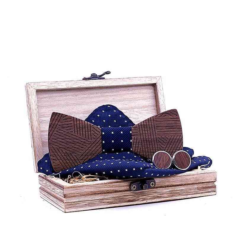 Plaid Wooden, Striped Cufflinks, Bow Tie Set With Wood Box