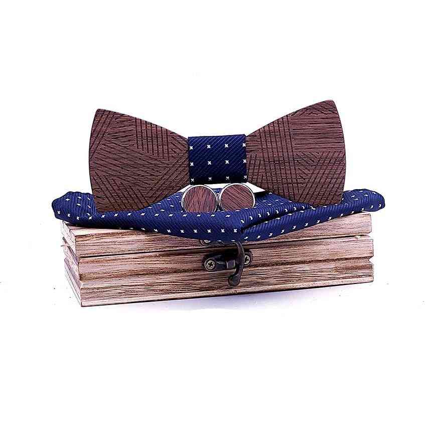 Plaid Wooden, Striped Cufflinks, Bow Tie Set With Wood Box