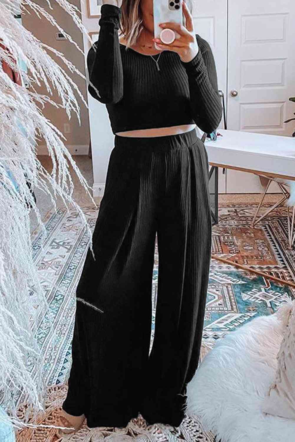 Black Long-sleeve Knit, Cropped Top & Wide Leg, Pants Loungewear