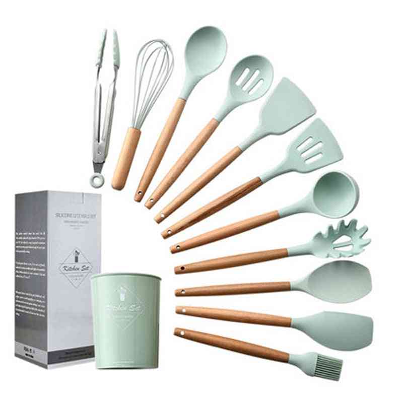 Silicone Cooking Utensils Set- Spatula Shovel, Wooden Handle Cooking Tools