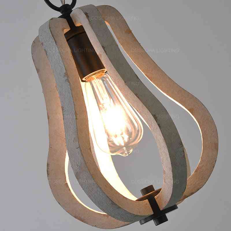 Small Wood Pendant Light, French Vintage White Wooden Suspension Single Lamps