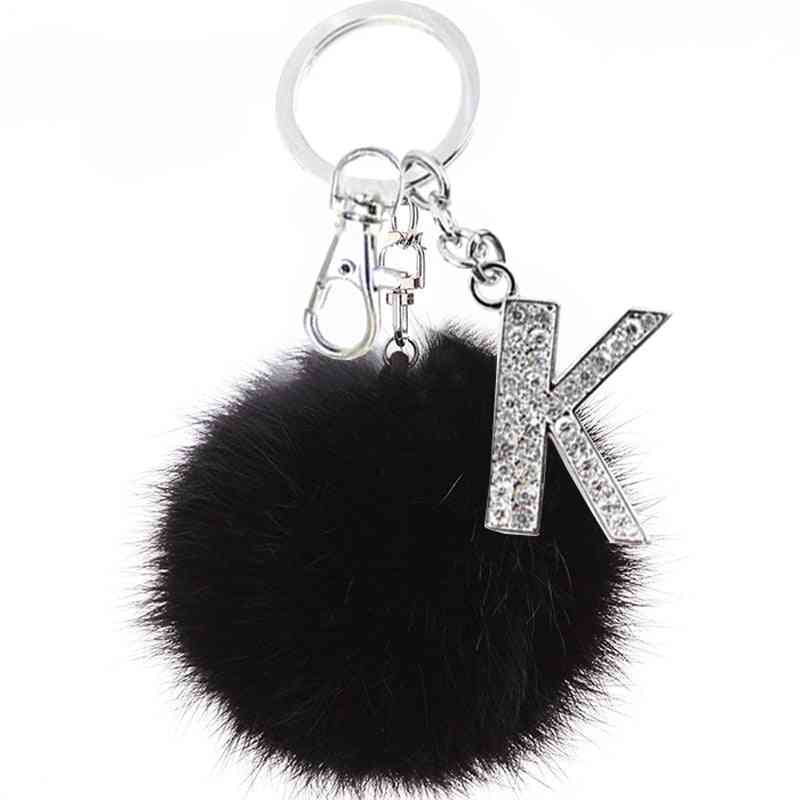 Fluffy Black Pompom Faux Rabbit Fur Ball Keychains Crystal Letters
