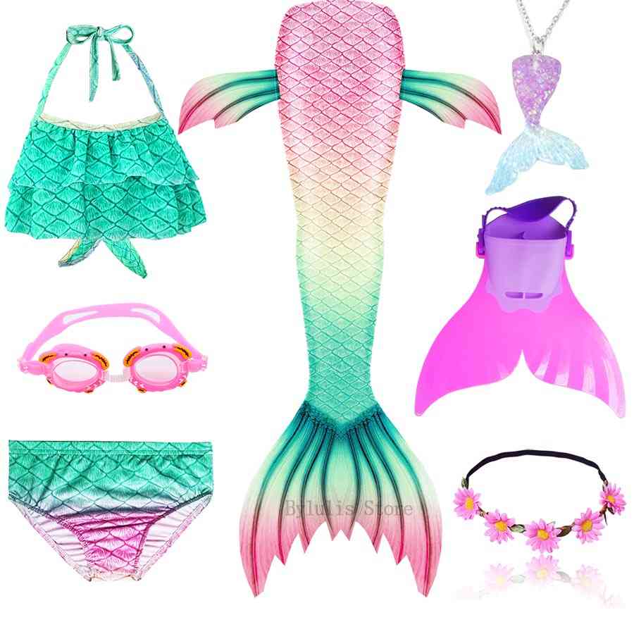 Swimmable Mermaid, Tail Costume, Monofin Goggle With Garland Suit Set-2