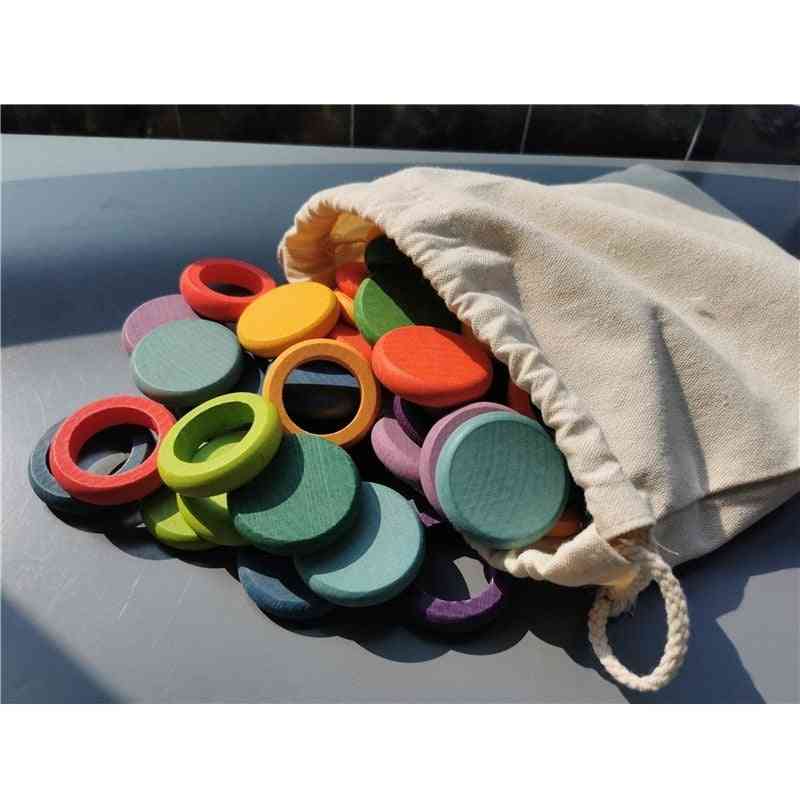 Beech Rainbow Coins And Rings, Stackable Blocks, Nature Loose Parts, Creative Toy