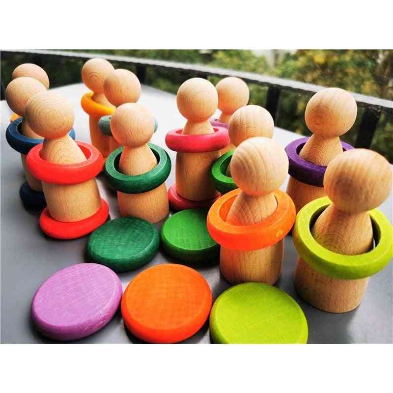 Beech Rainbow Coins And Rings, Stackable Blocks, Nature Loose Parts, Creative Toy
