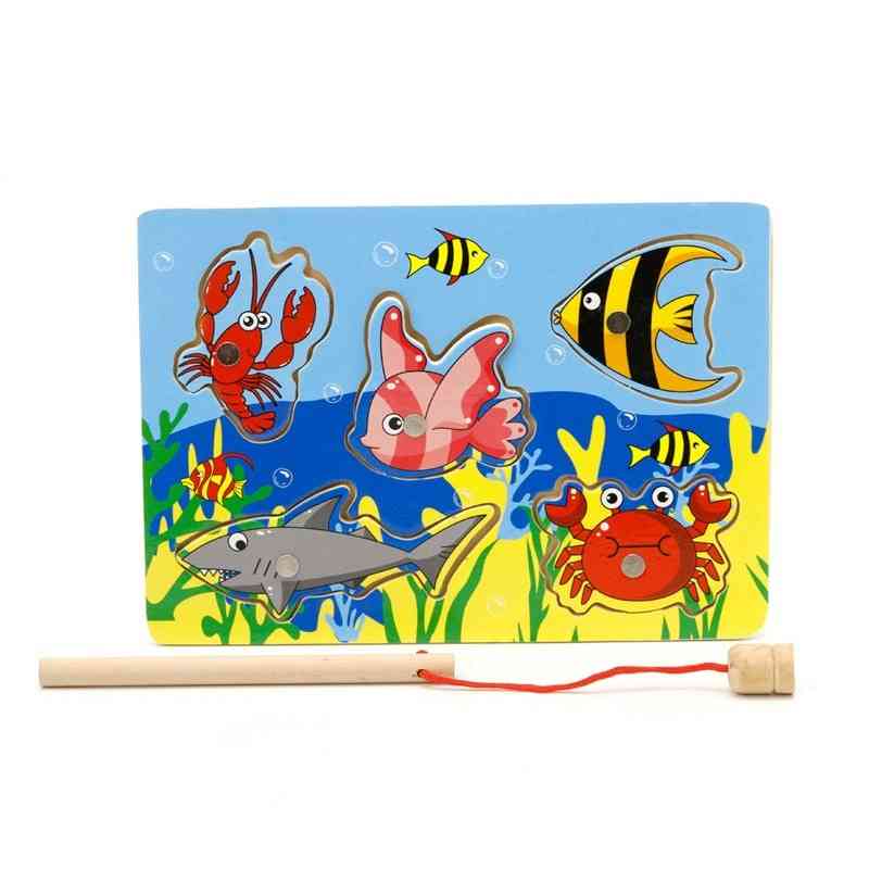 Detská rybárska hra - drevený oceán, skladacia doska, magnetická tyč, vonkajšia zábavná hračka