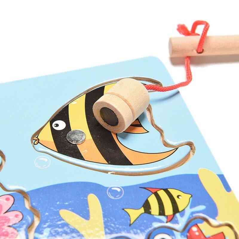 Children Fishing Game- Wooden Ocean, Jigsaw Board, Magnetic Rod, Outdoor Fun Toy