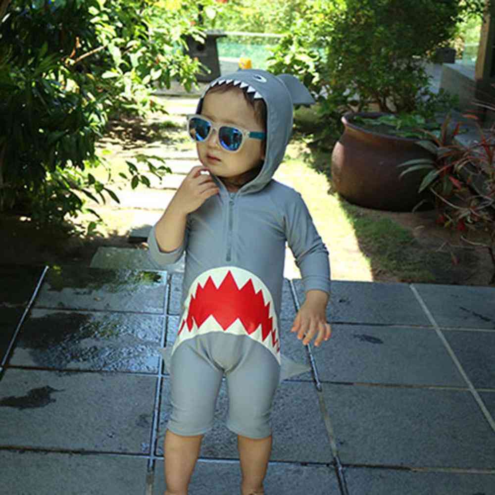 Costume da bagno da spiaggia con cappuccio di squalo cartone animato a maniche lunghe e bambino