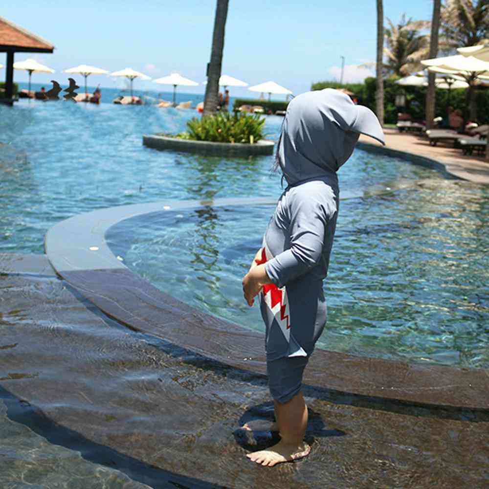 Costume da bagno da spiaggia con cappuccio di squalo cartone animato a maniche lunghe e bambino