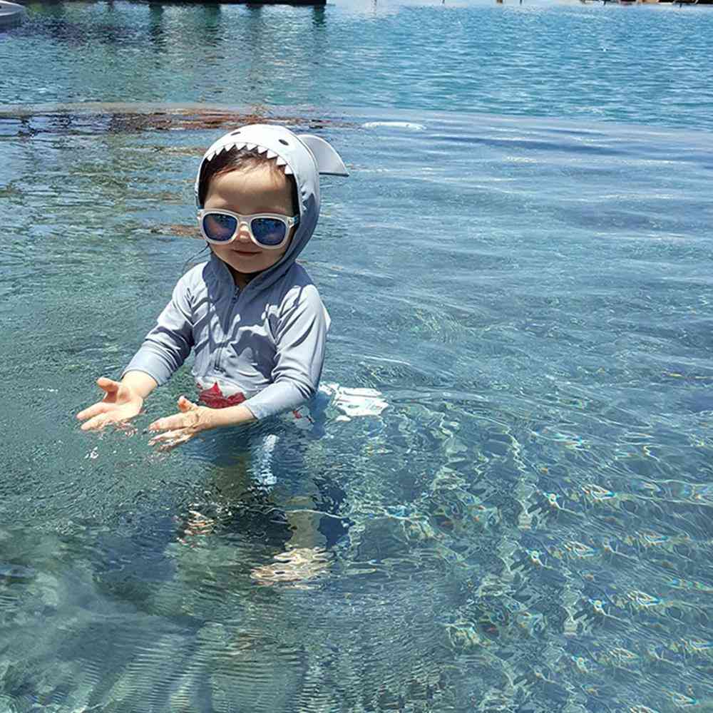 Baby & Long Sleeve Cartoon Shark Hooded Beach Swimsuit