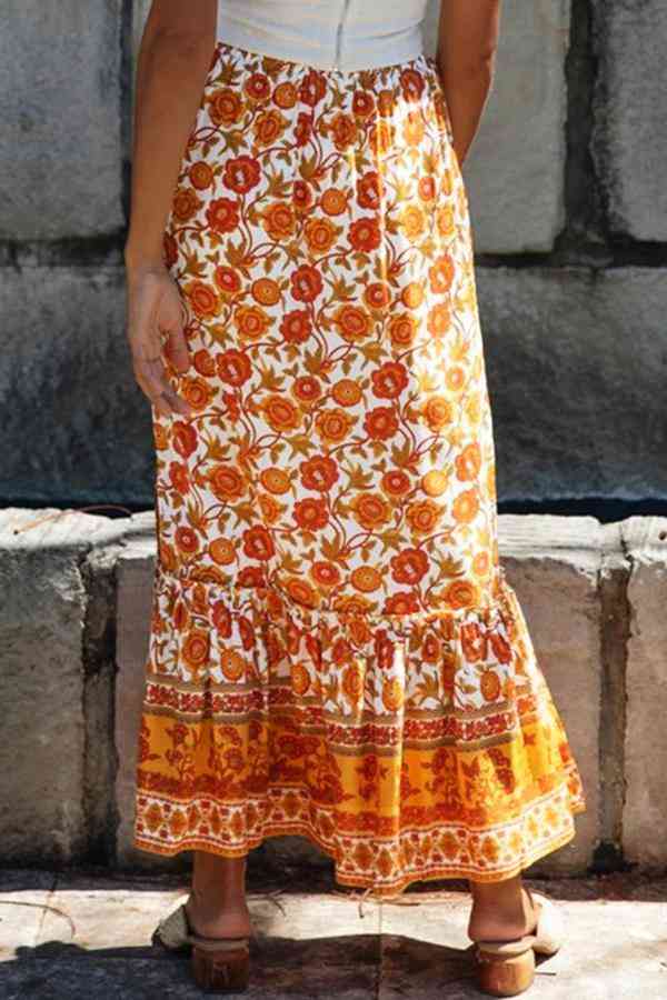 Oranje bloemenprint boho maxi rok