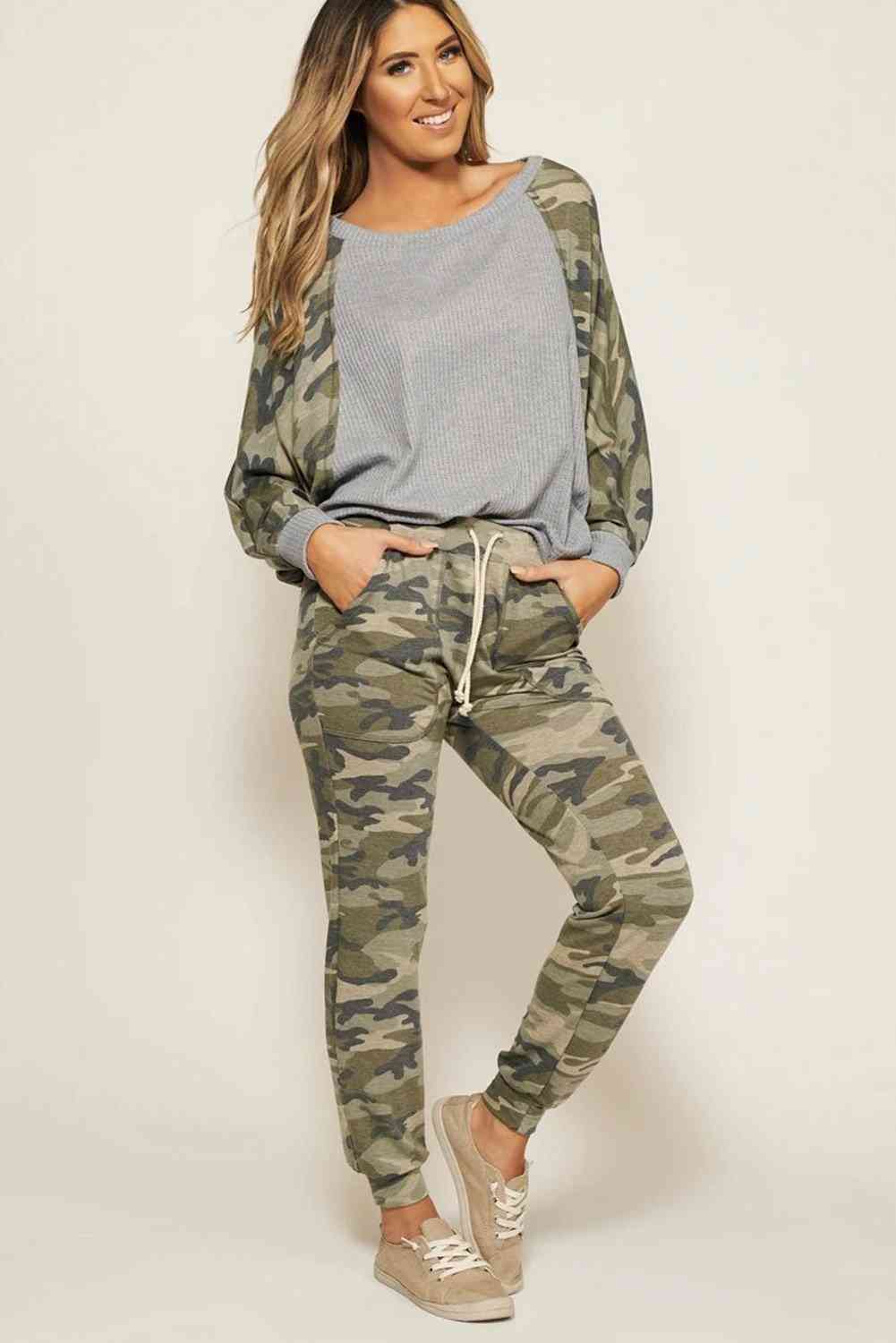 Women Camouflage Disguise Long Sleeve Top And Drawstring Pants Set
