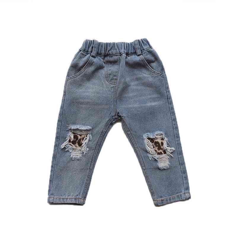 Jarní podzimní děti leopardí džíny roztrhané dírkové kalhoty rozbité riflové kalhoty