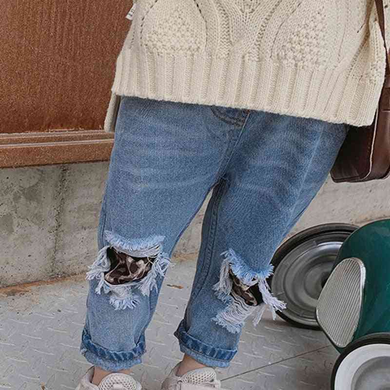Wiosenno-jesienne dziecięce dżinsy w panterkę podarte spodnie z dziurami zepsute spodnie dżinsowe