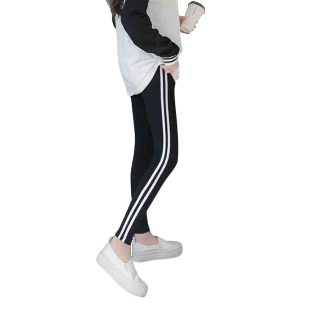 Simple Side Striped Trousers Maternity Pants Black Grey Abdomen Support Cotton Leggings