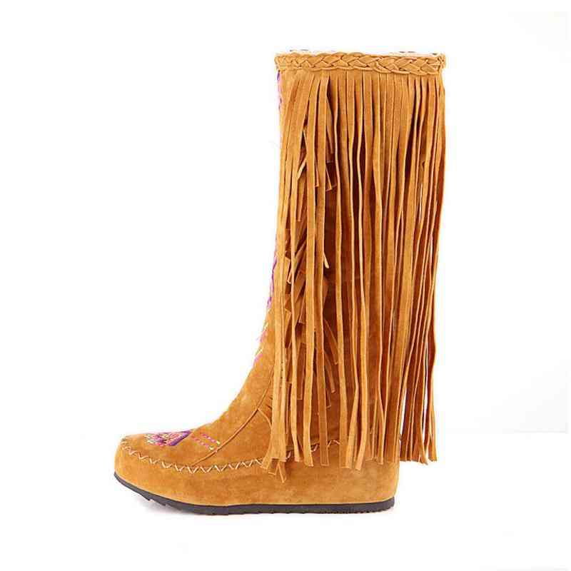Flock Leather Women Fringe Flat Heels, Long Boots