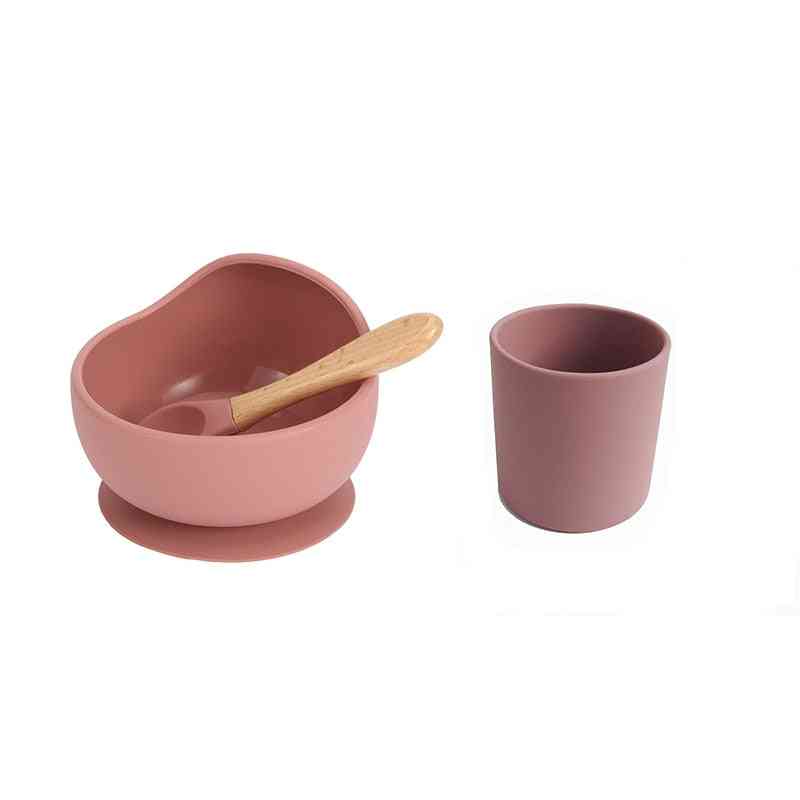 Silicone Soft- Cups Wooden, Suction Food-feeding Bowl Dinnerware Set For Baby