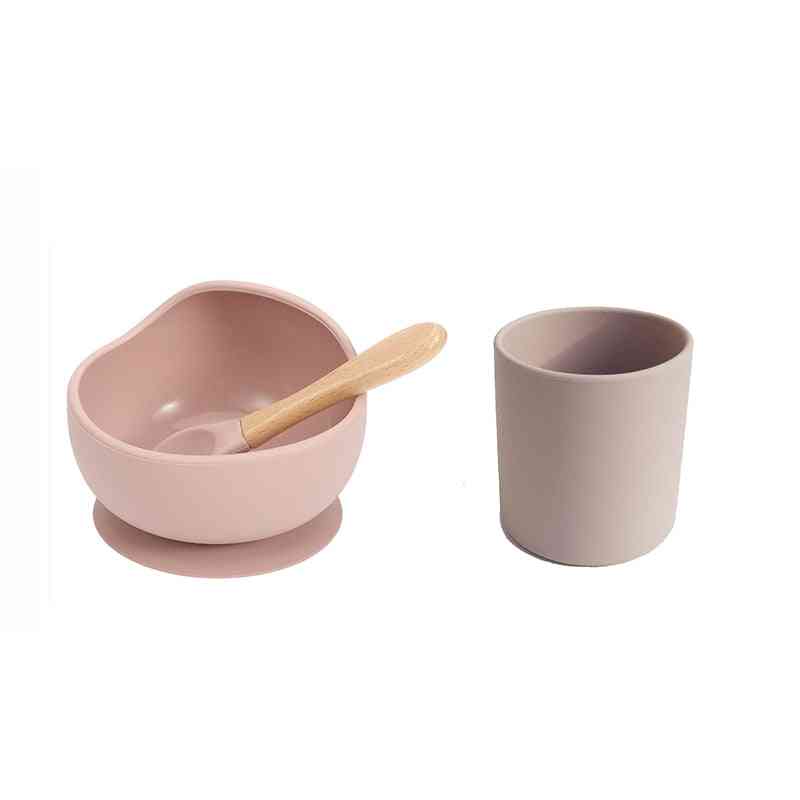 Silicone Soft- Cups Wooden, Suction Food-feeding Bowl Dinnerware Set For Baby