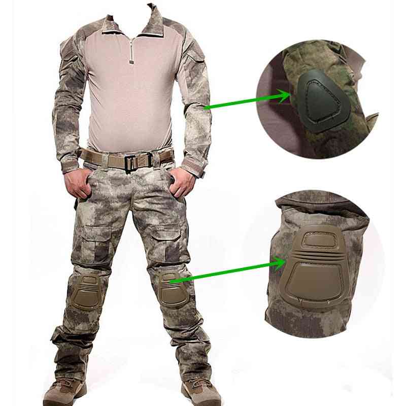 Taktiskt kamouflage- militäruniform, stridsskjorta + lastbyxor, knäskydd