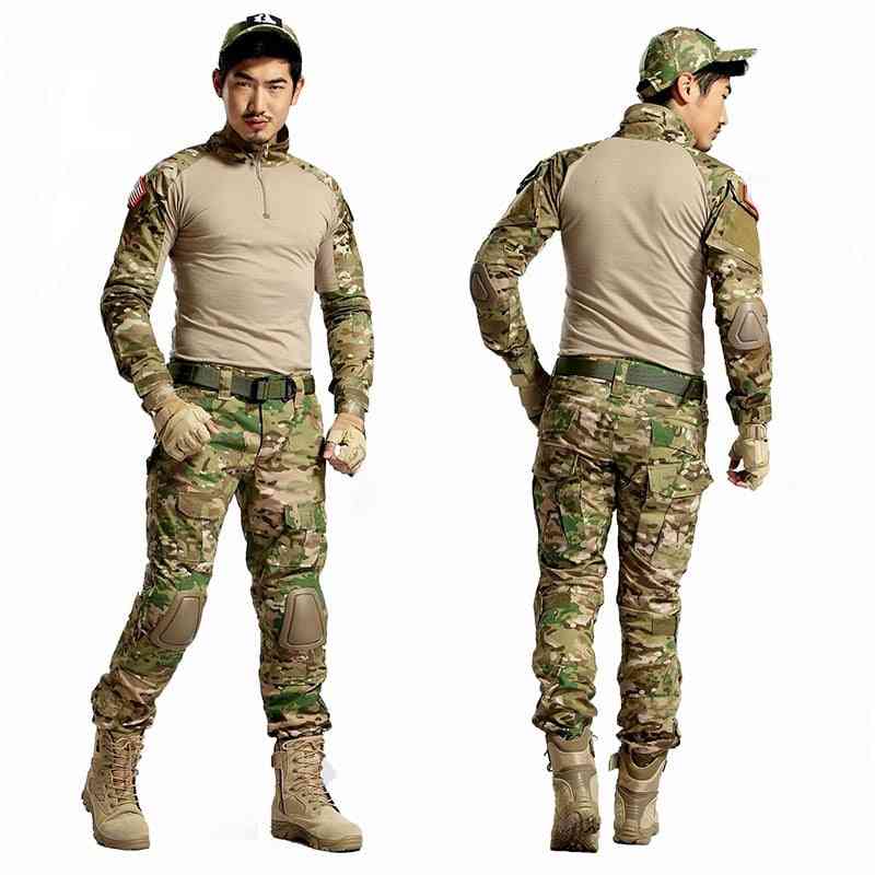 Taktisk camouflage- militæruniform, kampskjorte + cargobukser, knæbeskyttere