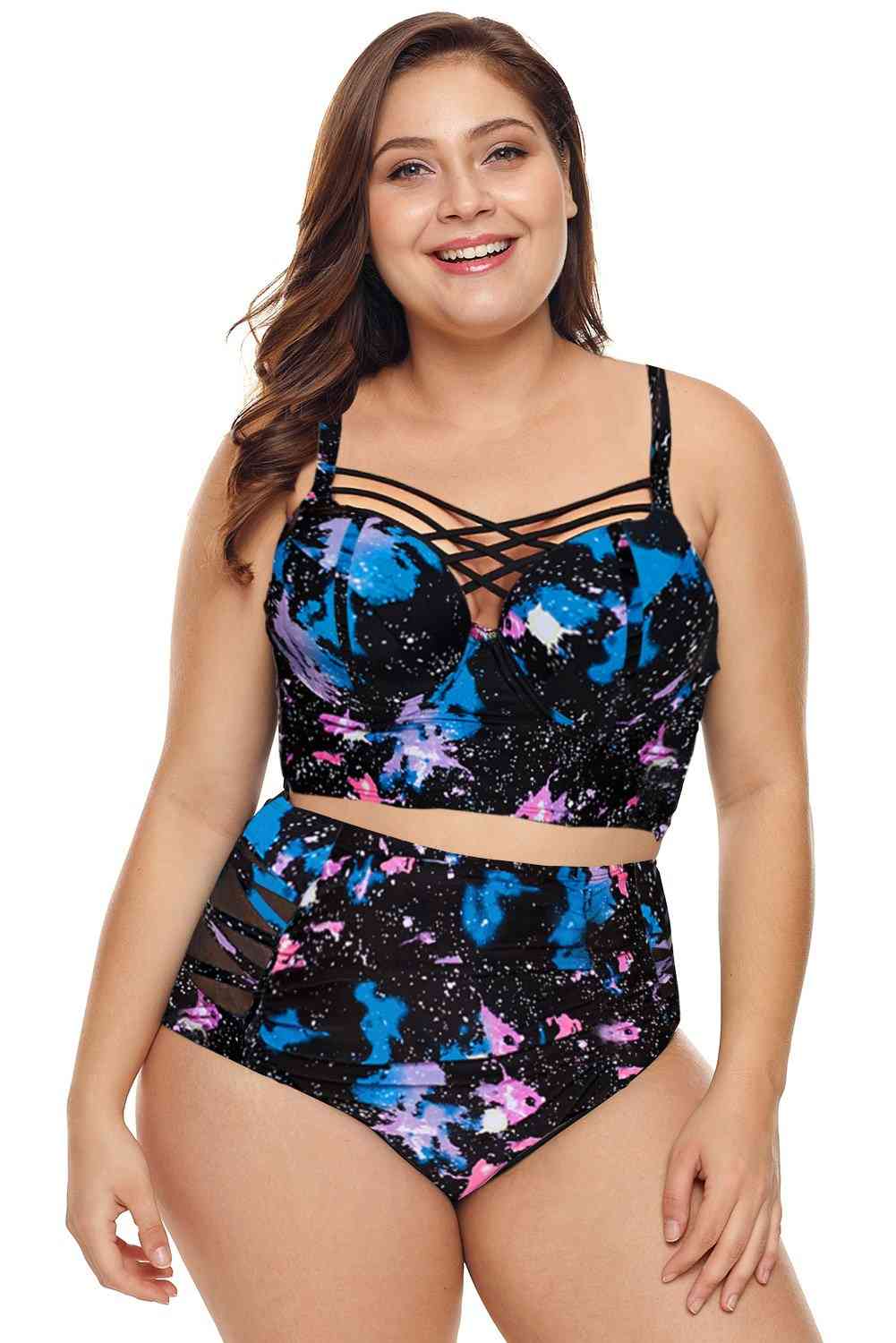 Women's High Waist Plus Size, Printed, Strappy Push Up Balconette