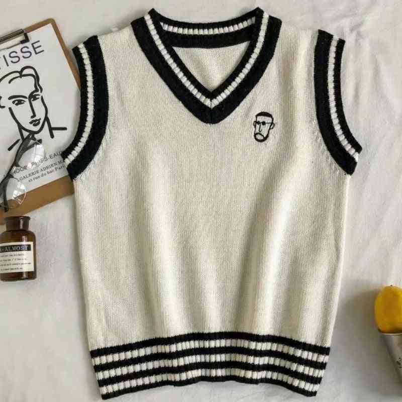Vest Leisure, V-neck Patchwork, Korean Preppy Style, Jumpers Character, Soft Sweater