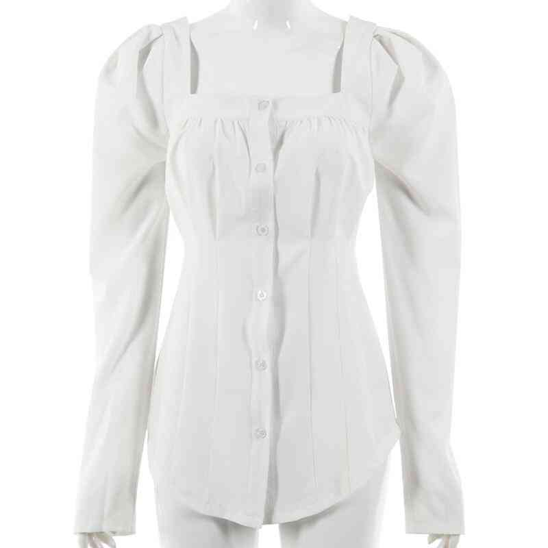 Women's Square Neck, Single Breasted, Ruched Puff Sleeve Blouse