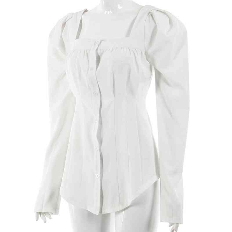 Women's Square Neck, Single Breasted, Ruched Puff Sleeve Blouse