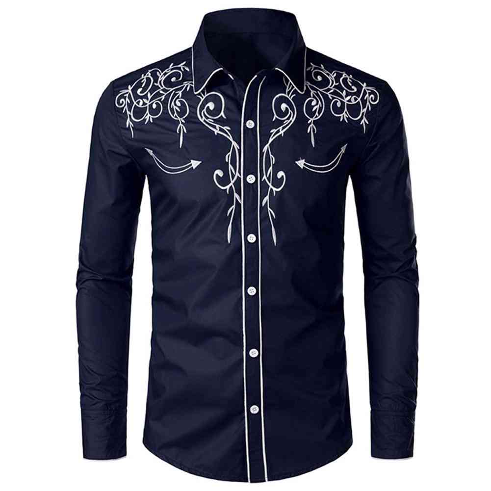 Men's Shirts, Solid Embroidered, Turn Down Collar, Long Sleeve, Slim Top