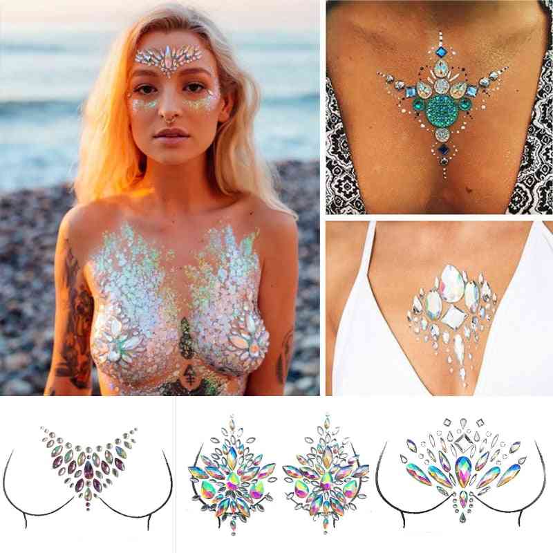 Midlertidige juveler for brystet for kvinner krystall ansiktsdekorasjon, diamant akryl rhinestone klistremerker